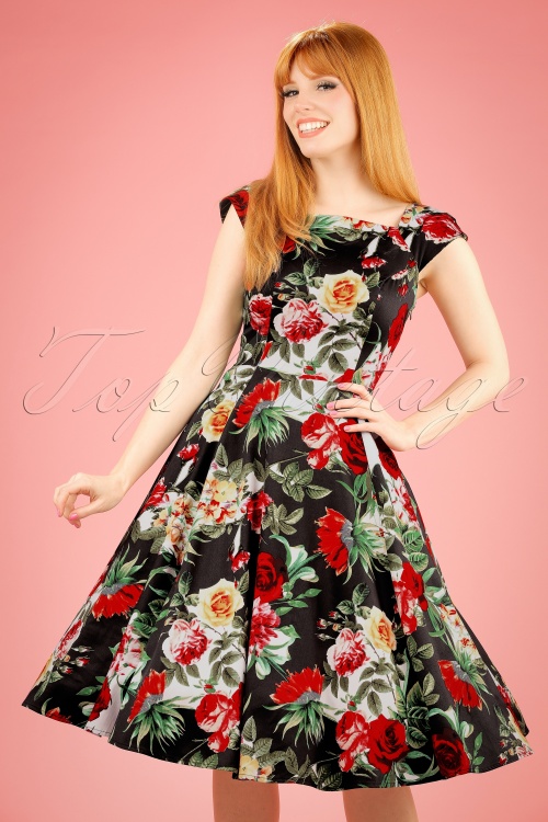 Hearts & Roses - 50s Christy Roses Swing Dress in Navy