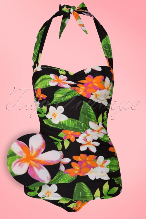 Esther Williams - 50s Classic Sheat Floral Swimsuit in Black 2