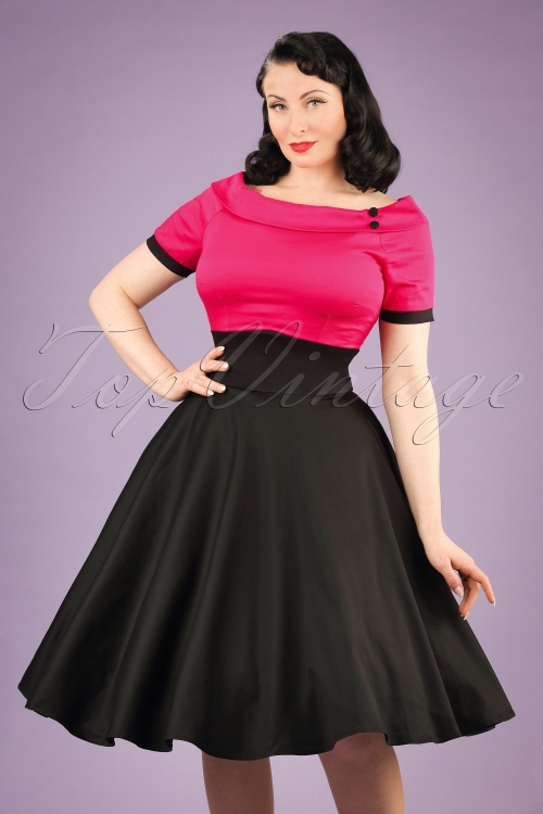 Dolly and Dotty - 50s Darlene Swing Dress in Black and Hot Pink