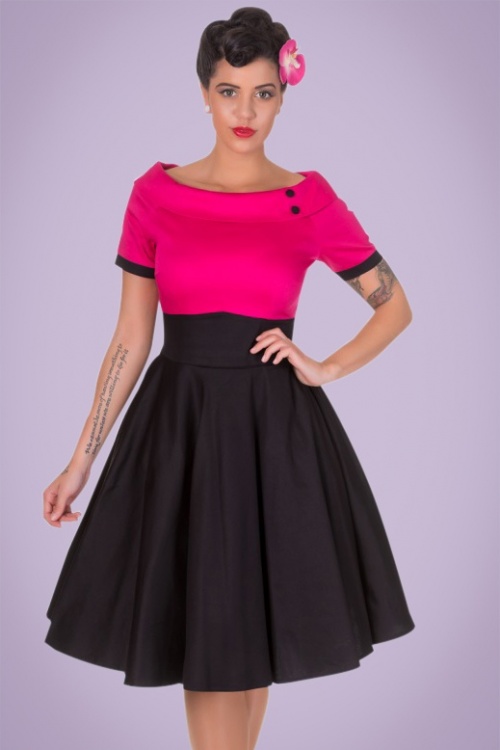Dolly and Dotty - 50s Darlene Swing Dress in Black and Hot Pink 8