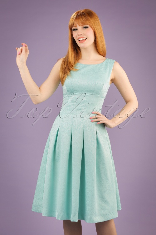 60s Jacqueline Jacquard Swing Dress In Mint Blue