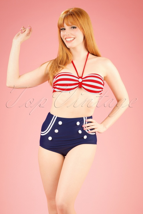 Belsira - Joana Stripes Halter Bikini Années 50 en Rouge Blanc et Bleu Marine
