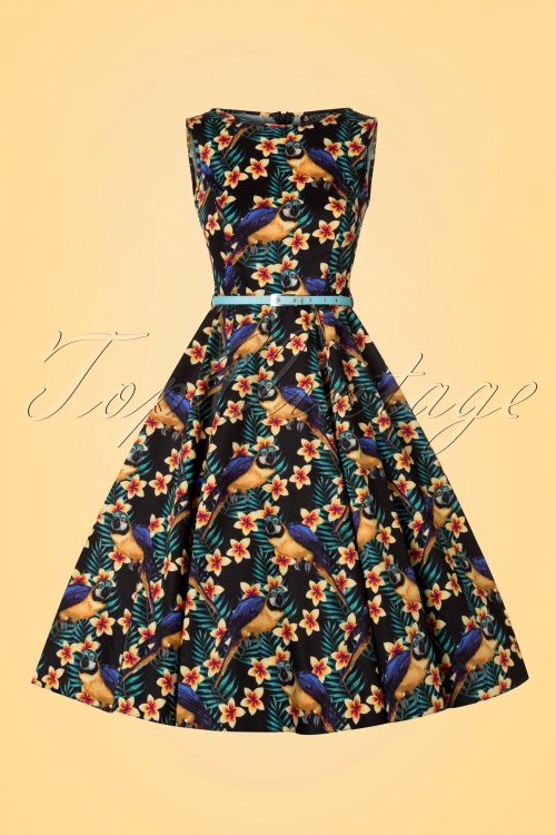 Lady V by Lady Vintage - 50s Hepburn Parrots Swing Dress in Black 4