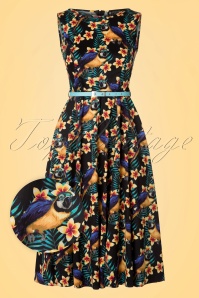 Lady V by Lady Vintage - Hepburn Parrots Swing-Kleid in Schwarz 3