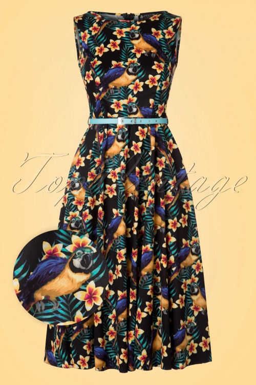 Lady V by Lady Vintage - 50s Hepburn Parrots Swing Dress in Black 3