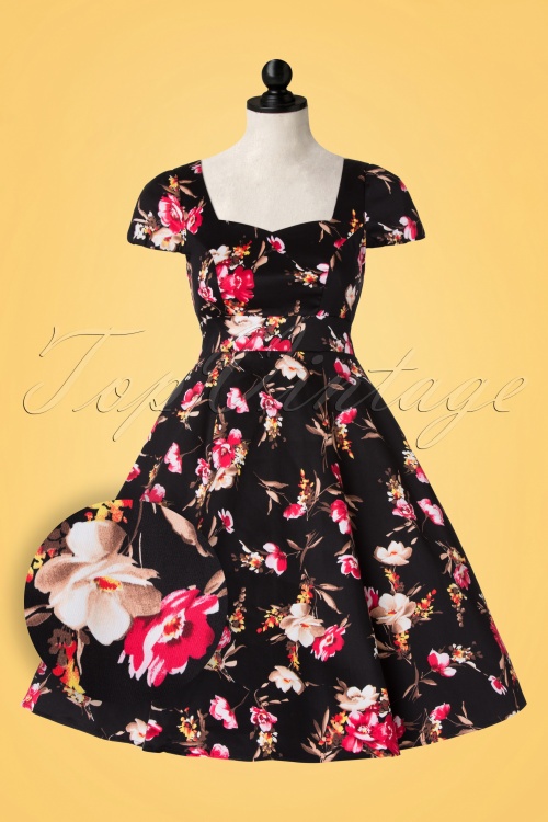 Dolly and Dotty - Claudia Floral Swing Dress Années 50 en Noir 2