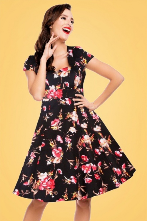 Dolly and Dotty - 50s Claudia Floral Swing Dress in Black 3