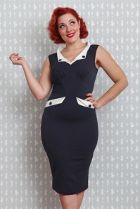 Miss Candyfloss - 50s Signe Lee Pencil Dress in Navy and White 4