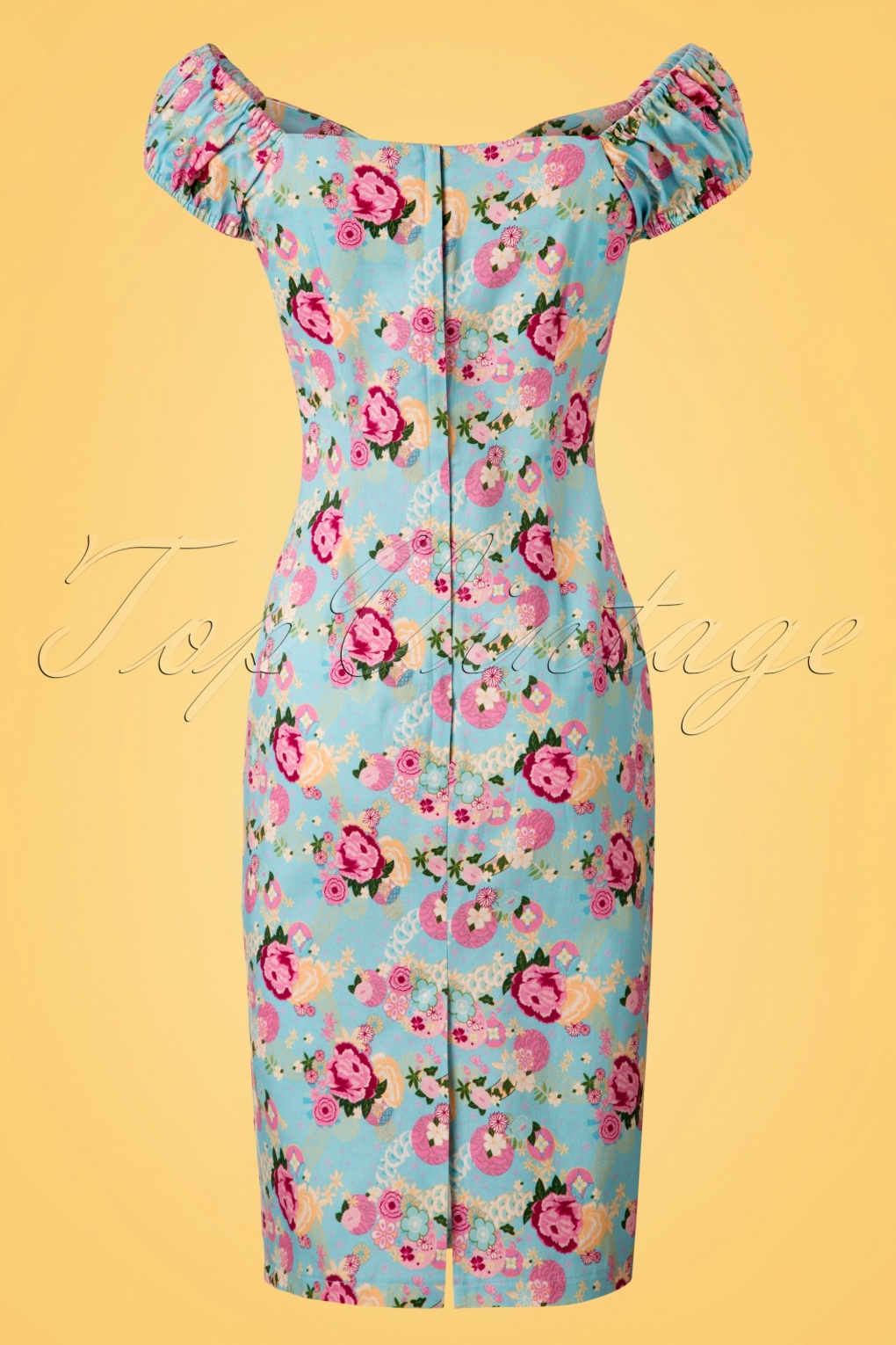 50s Dolores Peony Floral Pencil Dress in Light Blue