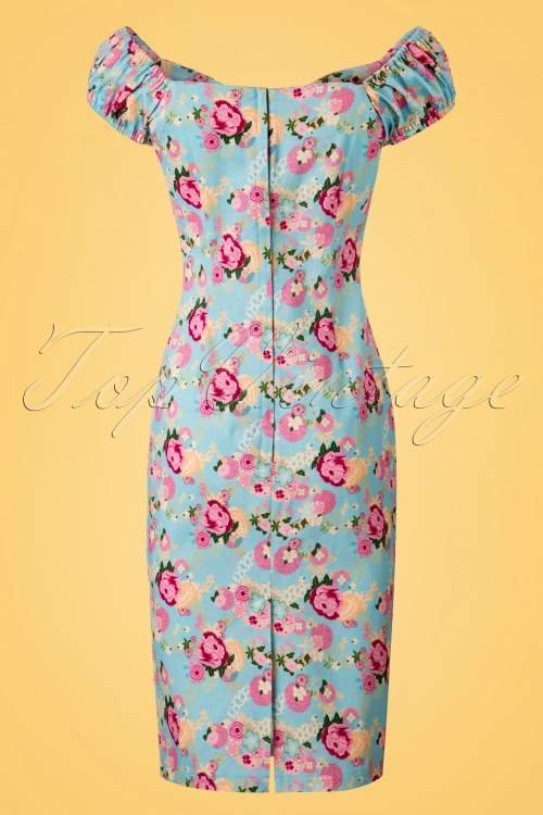 Collectif Clothing - 50s Dolores Peony Floral Pencil Dress in Light Blue 6