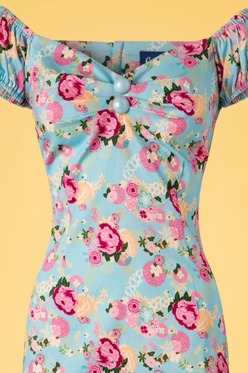 Collectif Clothing - 50s Dolores Peony Floral Pencil Dress in Light Blue 4