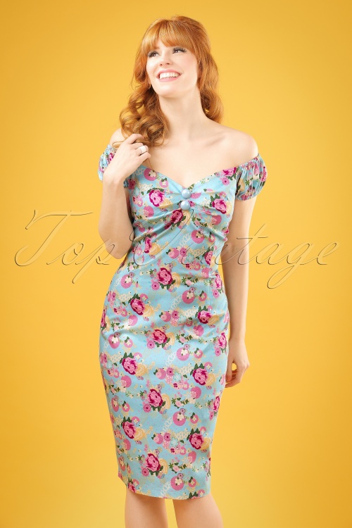 Collectif Clothing - 50s Dolores Peony Floral Pencil Dress in Light Blue