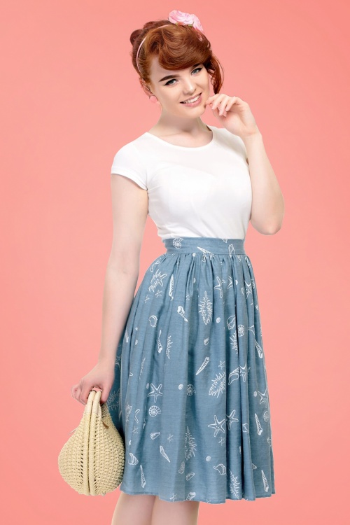 Collectif Clothing - 50s Jasmine Seashell Swing Skirt in Denim Blue 7