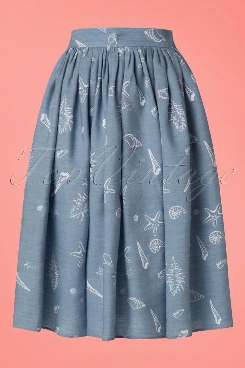Collectif Clothing - Jasmine Seashell Swing Skirt Années 50 en Bleu Jean 5