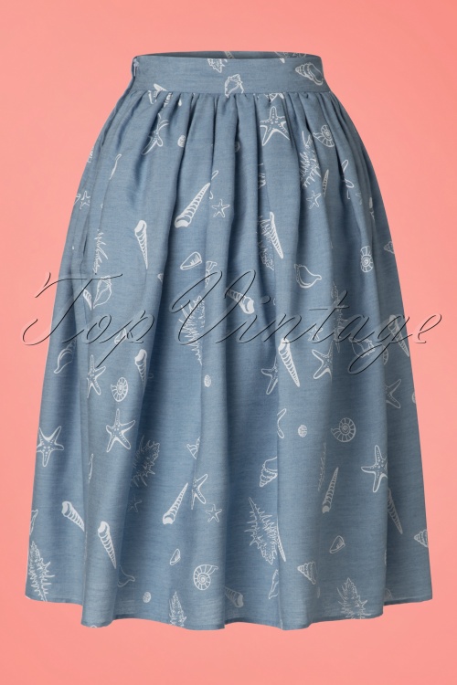 Collectif Clothing - Jasmine Seashell Swing Skirt Années 50 en Bleu Jean 3