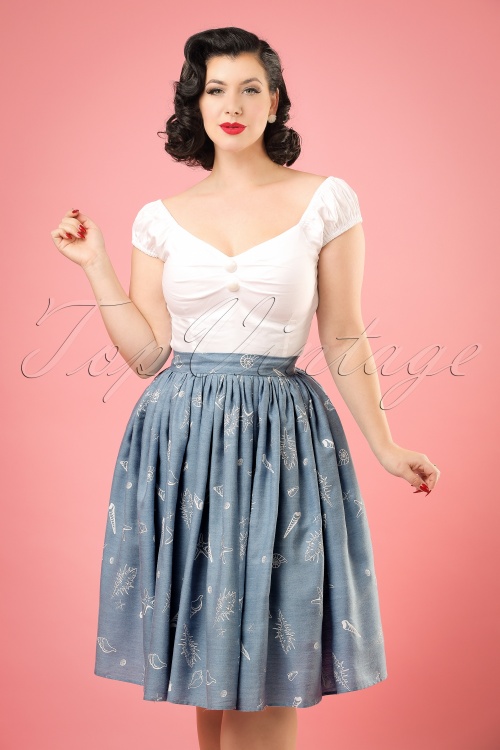 Collectif Clothing - Jasmine Seashell Swing Skirt Années 50 en Bleu Jean