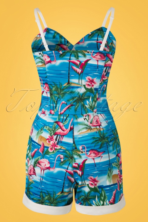 Collectif Clothing - 50s Futura Flamingo Island Playsuit in Blue 4