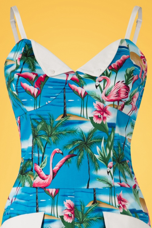 Collectif Clothing - 50s Futura Flamingo Island Playsuit in Blue 3