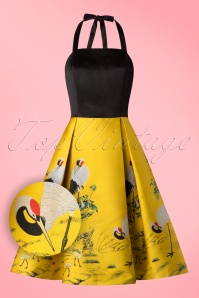 Collectif Clothing - 50s Vanya Crane Swing Dress in Black and Yellow 2