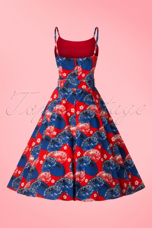 Collectif Clothing - Lilly Japanisches Sonnenschirm-Swing-Kleid in Rot und Blau 5