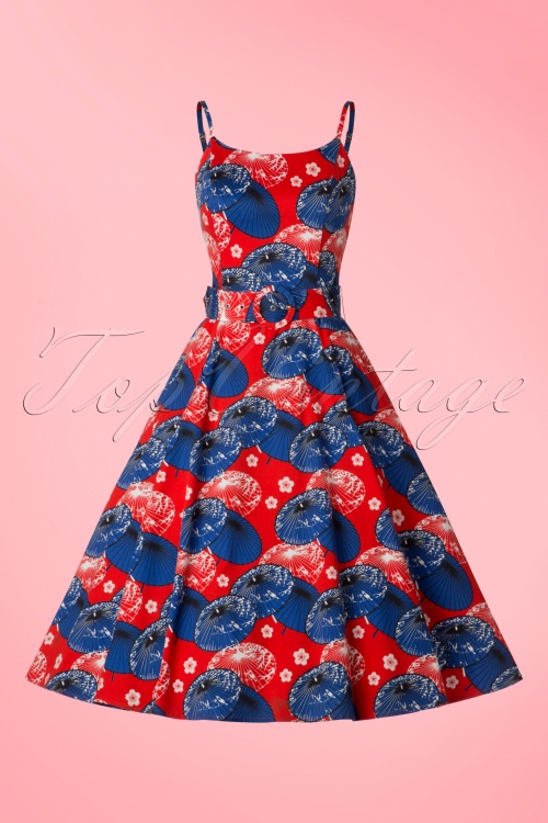Collectif Clothing - Lilly Japanisches Sonnenschirm-Swing-Kleid in Rot und Blau 2