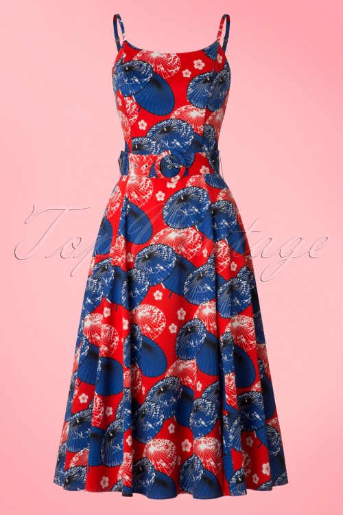 Collectif Clothing - Lilly Japanisches Sonnenschirm-Swing-Kleid in Rot und Blau 3