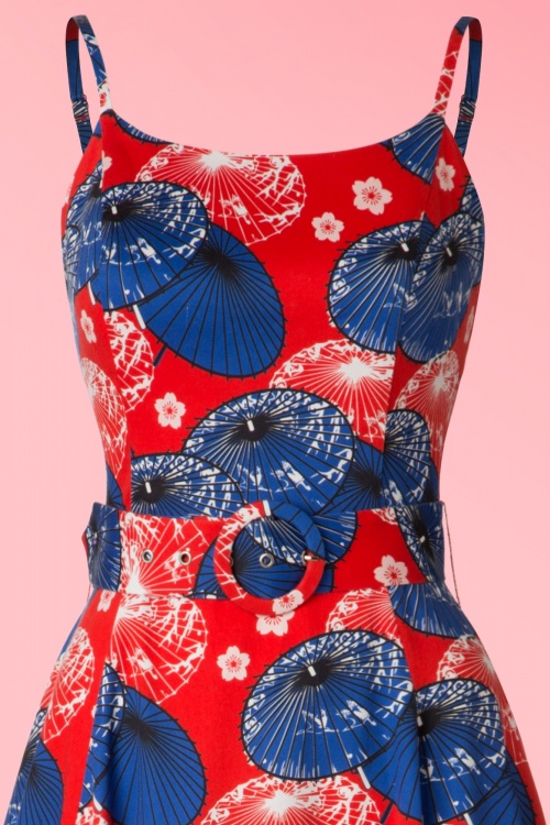 Collectif Clothing - Lilly Japanisches Sonnenschirm-Swing-Kleid in Rot und Blau 4