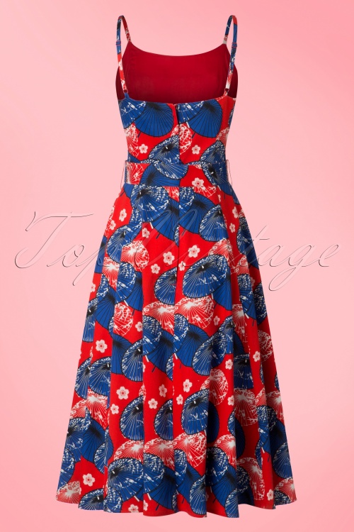 Collectif Clothing - Lilly Japanisches Sonnenschirm-Swing-Kleid in Rot und Blau 6
