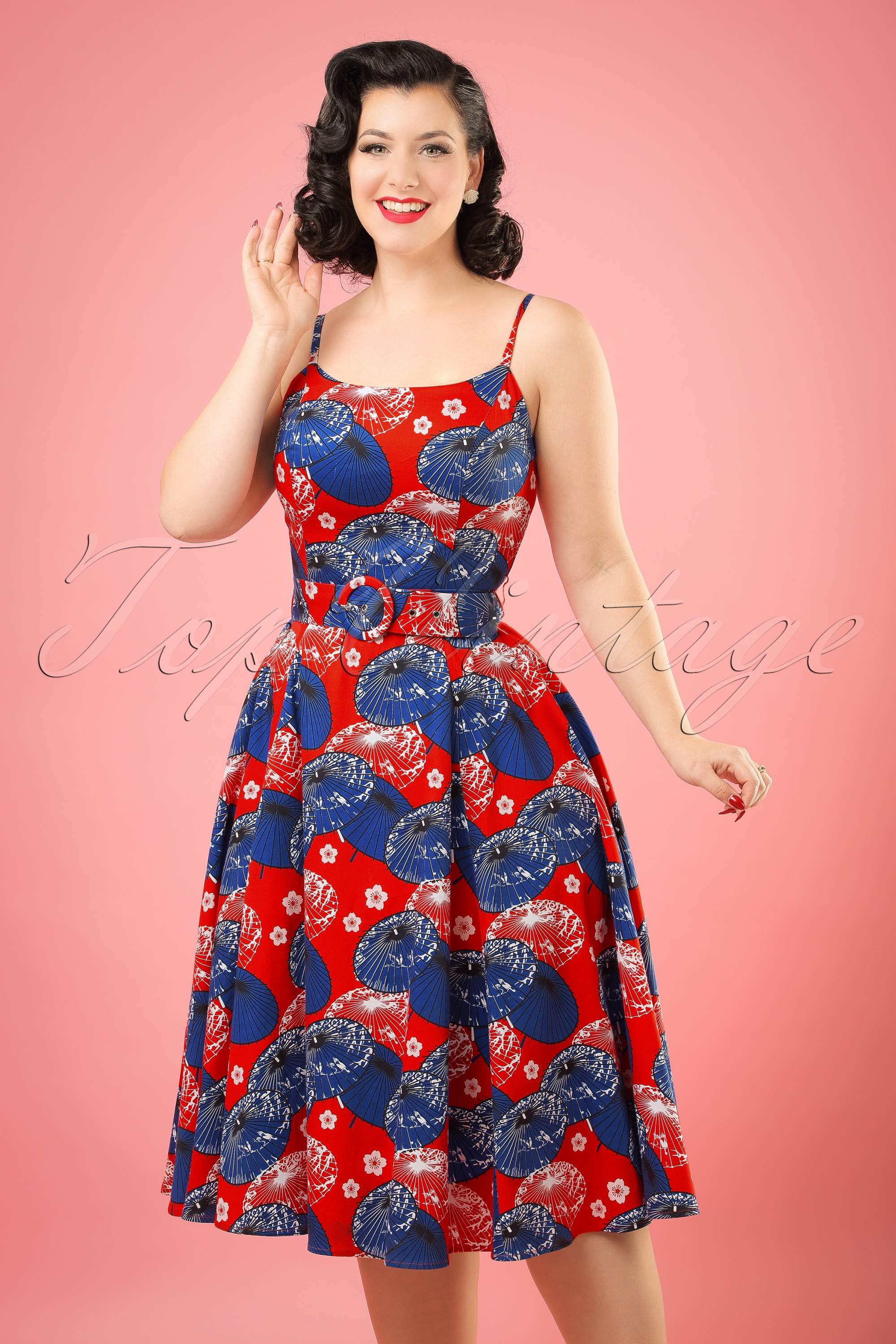 Collectif Clothing - Lilly Japanse parasol-swingjurk in rood en blauw
