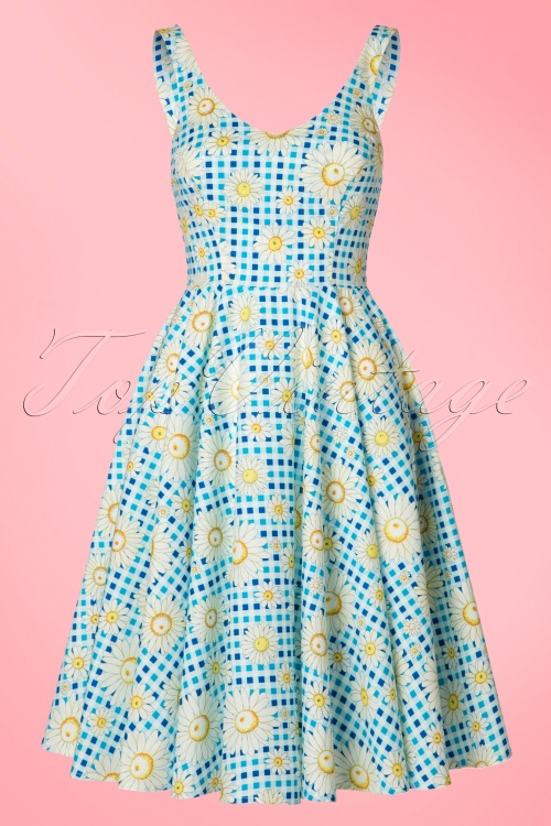 Bunny - 50s Sunshine Floral Gingham Swing Dress in Blue 4