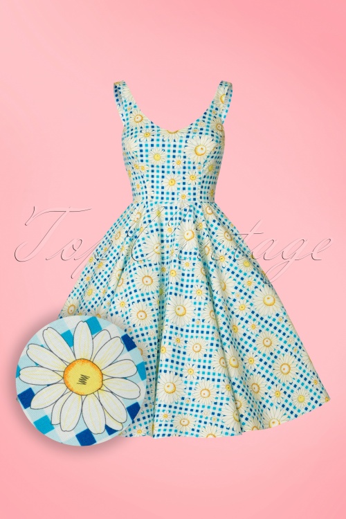 Bunny - 50s Sunshine Floral Gingham Swing Dress in Blue 2