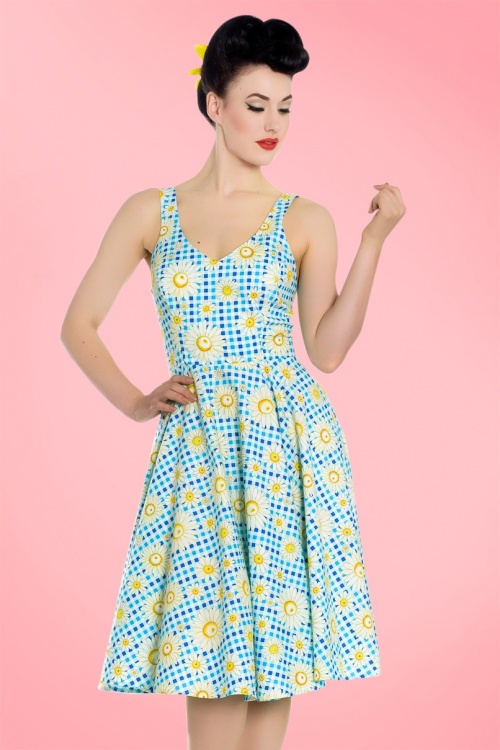 Bunny - 50s Sunshine Floral Gingham Swing Dress in Blue 3