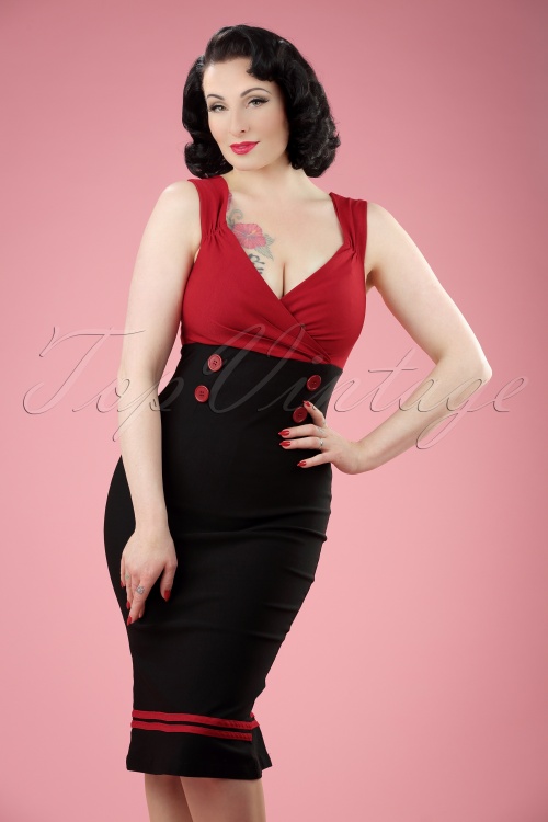 Steady Clothing - Diva Set Sail Pencil Dress Années 50 en Noir et Rouge