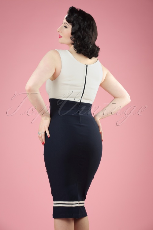 Steady Clothing - 50s Diva Set Sail Pencil Dress in Navy and White 3