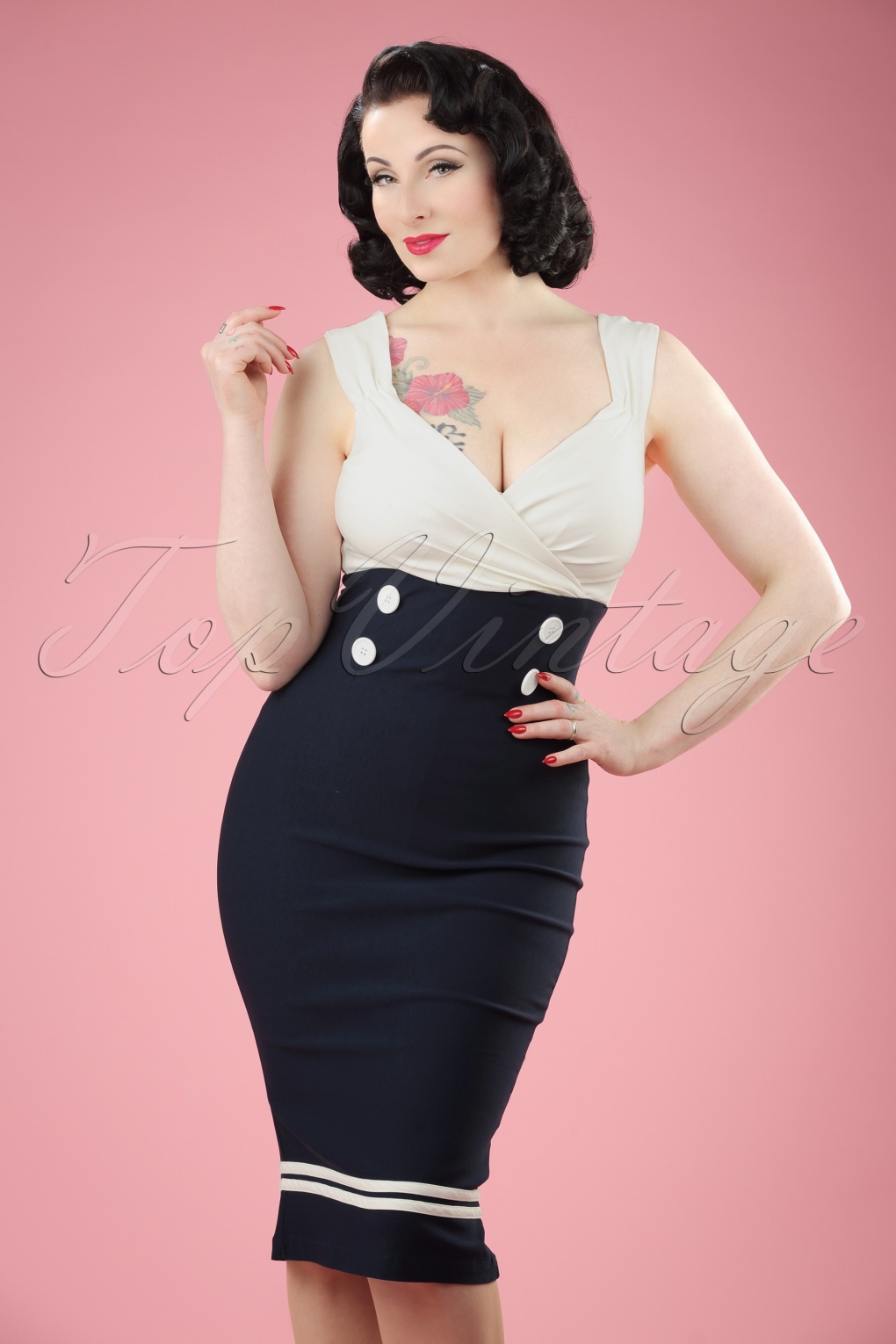 50s Diva Set Sail Pencil Dress in Navy and White