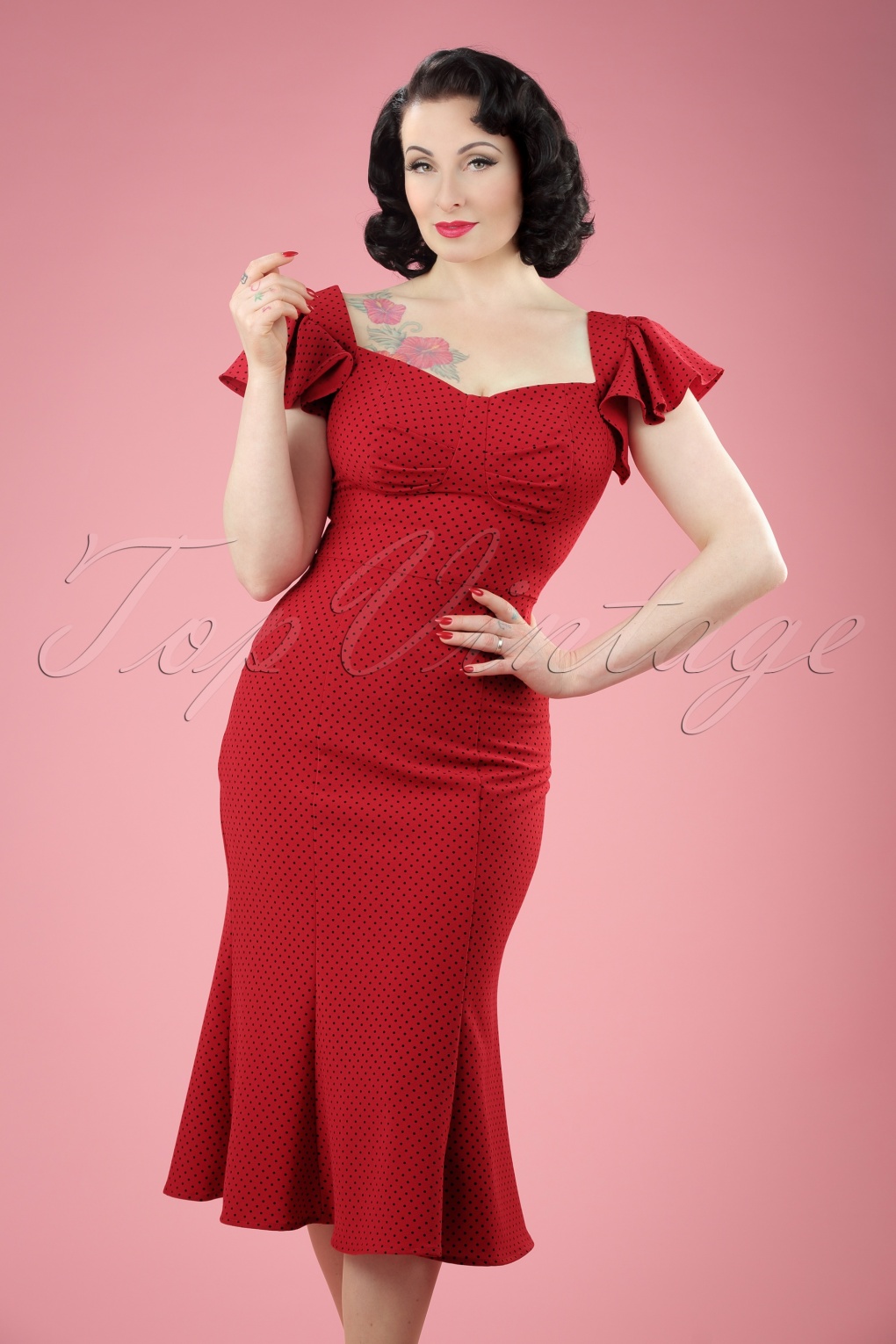 50s tulsa polkadot pencil dress in red