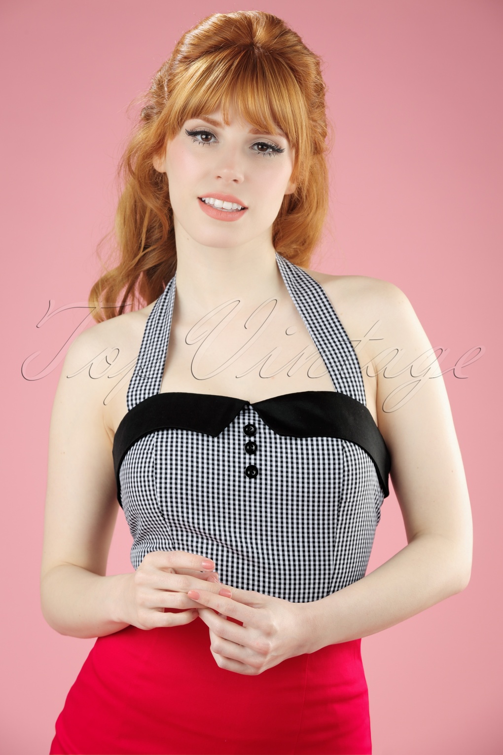  TopVintage  exclusive 50s Halter Gingham Top  in Black and 