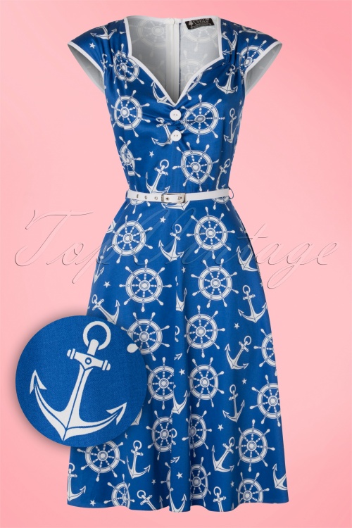 Lady V by Lady Vintage - Robe Années 50 Isabella Nautical Swing Dress en Bleu Ciel 2