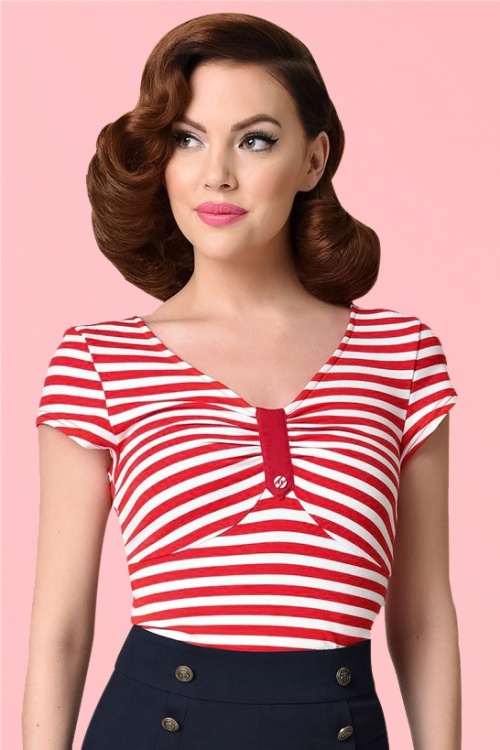 Unique Vintage - 50s Marty Knit Stripes Top in Red and White 4