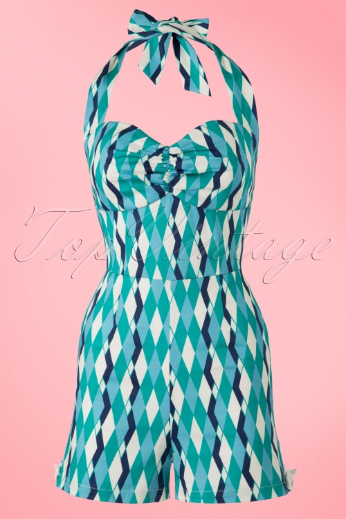 Collectif Clothing - 50s Kimmy Atomic Harlequin Playsuit in Blue and Jade