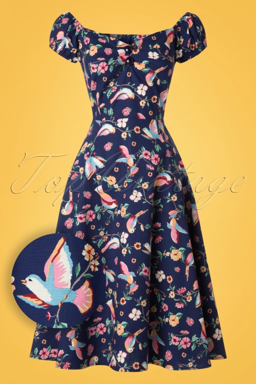 Collectif Clothing - Dolores Charming Birds poppenjurk in donkerblauw 2