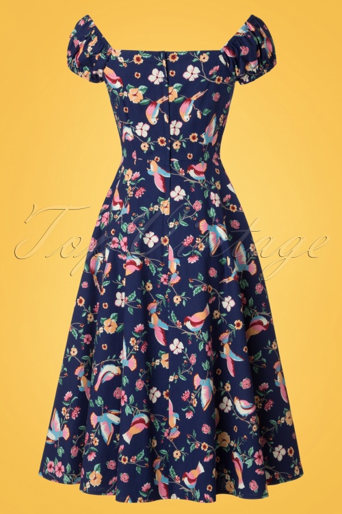 Collectif Clothing - Dolores Charming Birds Puppenkleid in Dunkelblau 7