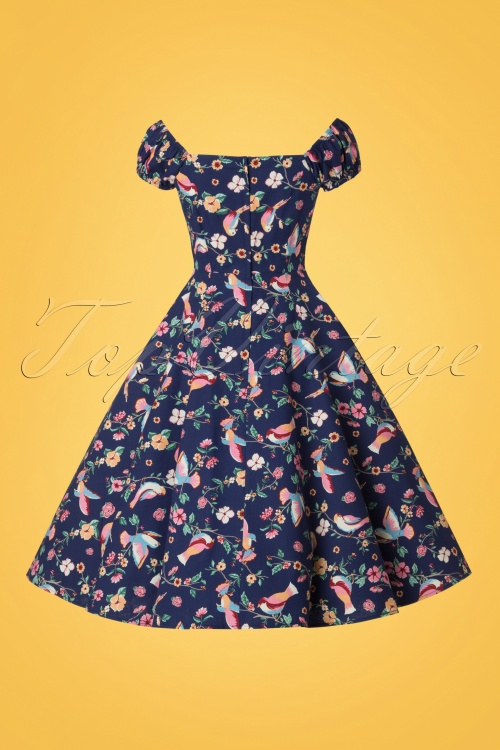 Collectif Clothing - 50s Dolores Charming Birds Doll Dress in Dark Blue 8