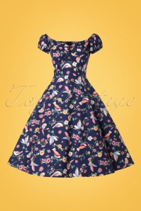 Collectif Clothing - 50s Dolores Charming Birds Doll Dress in Dark Blue 3