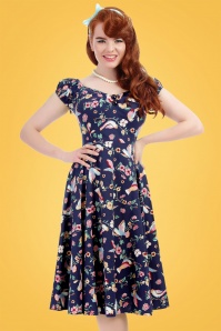 Collectif Clothing - 50s Dolores Charming Birds Doll Dress in Dark Blue 4