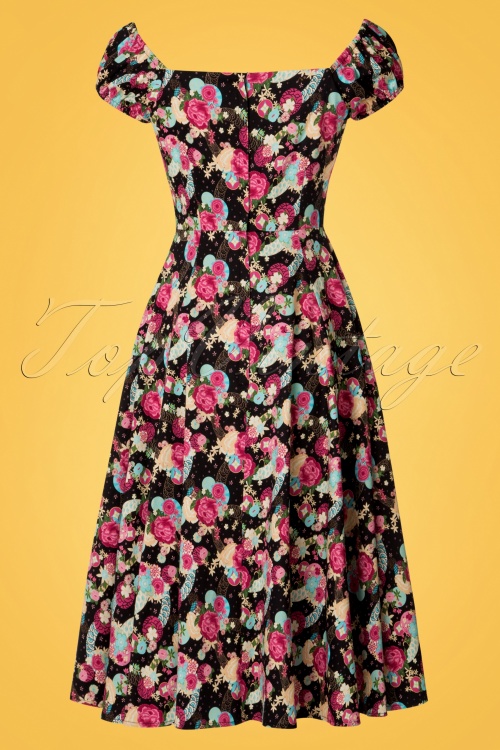 Collectif Clothing - 50s Dolores Peony Floral Doll Dress in Black 7