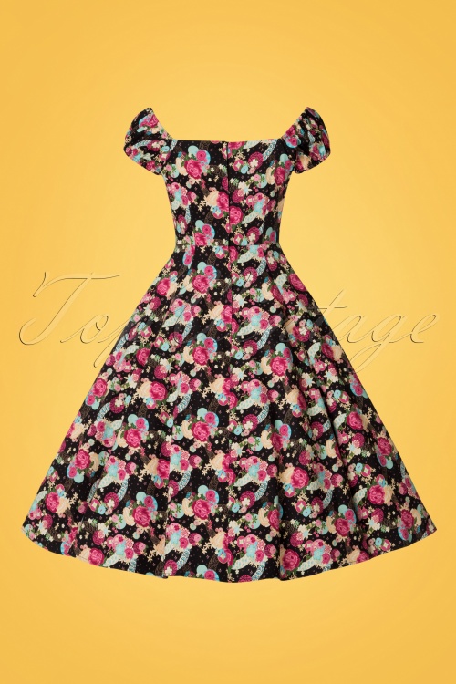 Collectif Clothing - 50s Dolores Peony Floral Doll Dress in Black 8