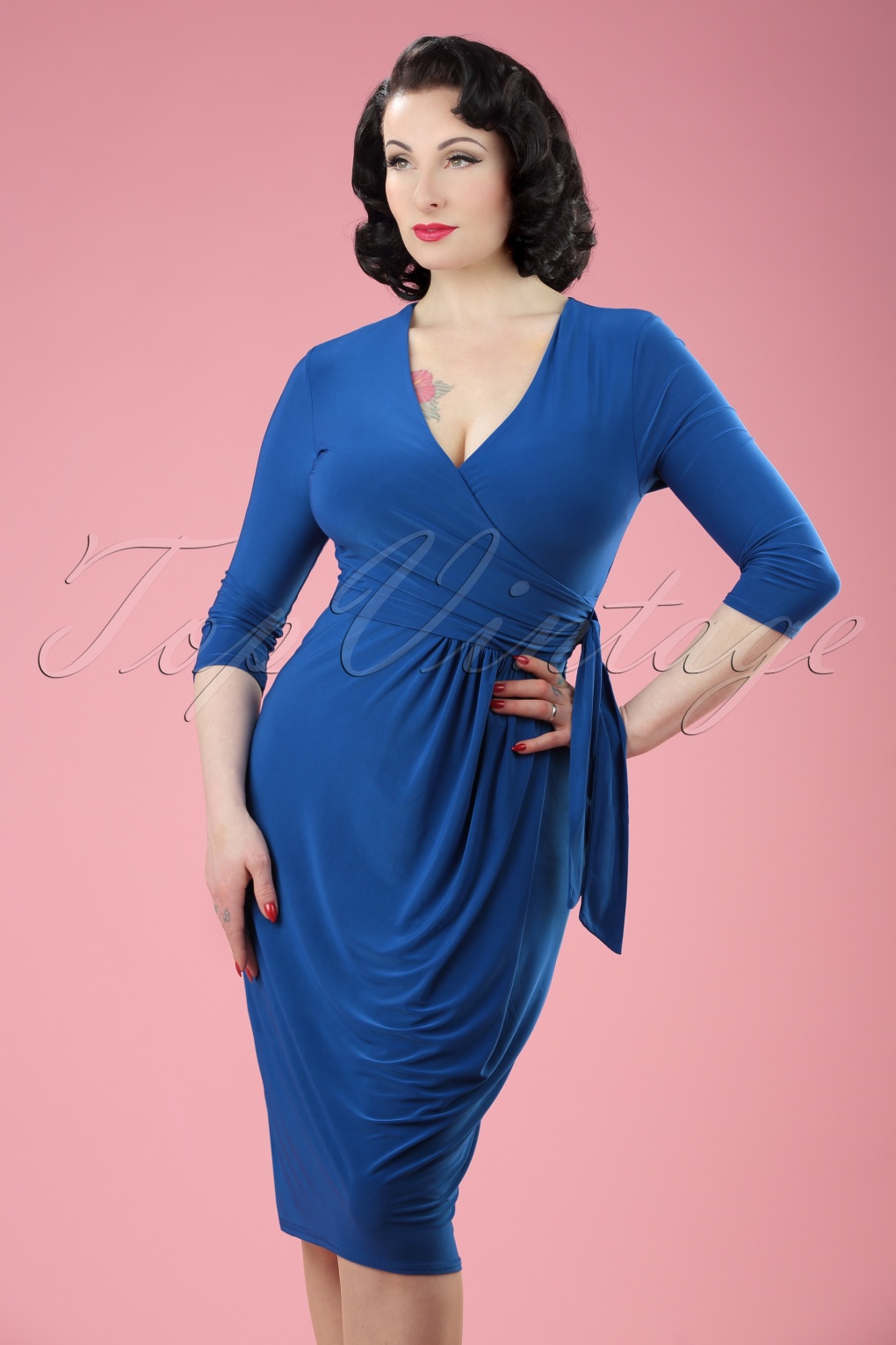 50s Layla Cross Over Pencil Dress in Royal Blue
