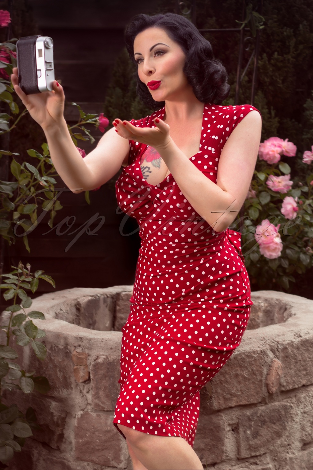 50s Love Polkadot Bow Pencil Dress In Red 