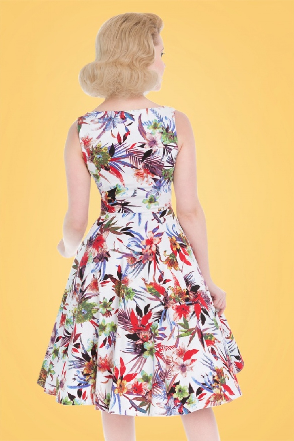 50s Lily Floral Swing Dress In White 3570